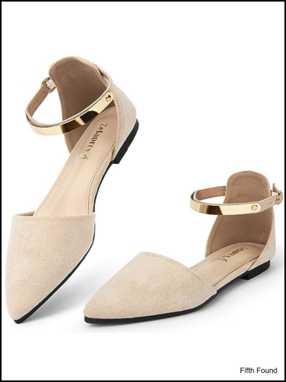 Pointed Toe Flats Dressy Faux Suede Gold Ankle Strap